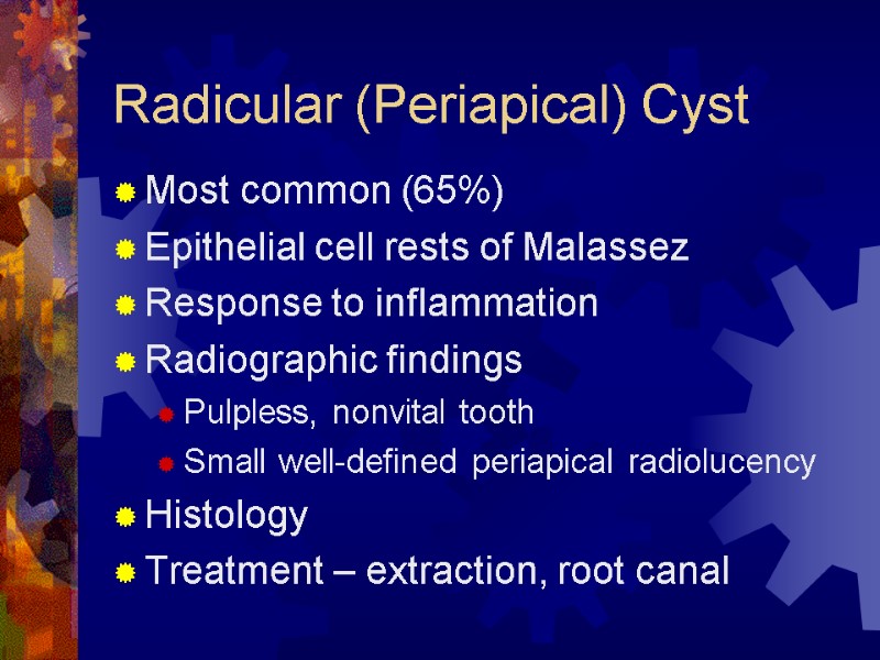 Radicular (Periapical) Cyst Most common (65%) Epithelial cell rests of Malassez Response to inflammation